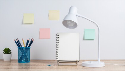 Bright Desk Scene: White Lamp, Notepad, Pencils, and Colorful Sticky Notes