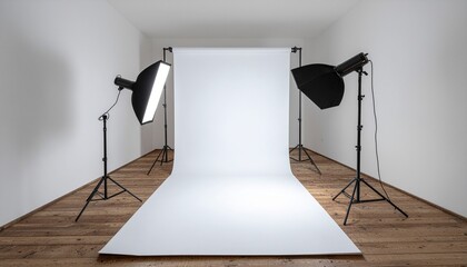 Bright Photo Studio Setup with Seamless White Backdrop and Studio Lighting