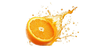 Orange slice splashing juice in bright colors, AI, PNG