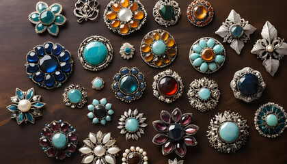 A collection of vintage brooches brewing and pins featuring colorful gemstones and intricate metalwork, displayed on a wooden surface