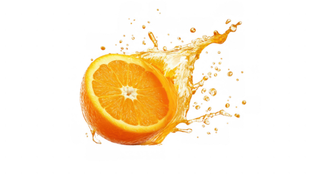 Orange slice splashing juice in bright colors, AI, PNG