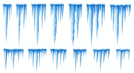 Realistic blue icicles hanging down. A collection of frozen ice spikes for winter decoration and seasonal design elements