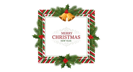 Decorative Christmas and New Year Frame with Holly, Pine Needles, and Golden Bells for Festive Greetings