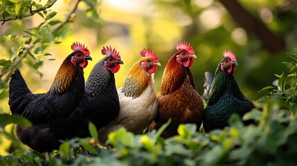 Five colorful chickens in a row