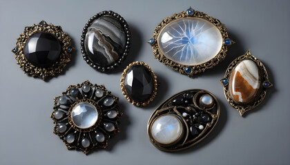 Assortment of antique brooches brewing and pendants with dark gemstones and moonstone, set in ornate goldtone metal frames on a neutral background