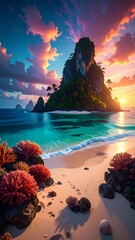 Tropical island at sunset