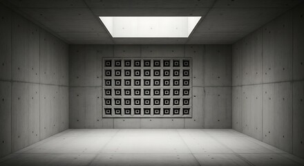 Empty square room with cement vent that has a motif of repetition and emphasis