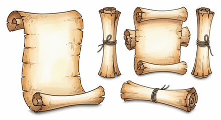 Hand-drawn collection of vintage parchment scrolls, featuring rustic aged paper textures with tied string, ideal for historical documents and ancient designs