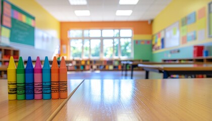 Colorful Crayons Standing on a Wooden Desk in a Bright Classroom