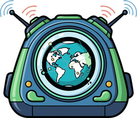Global Communication Device with Antennas and World Map Display.