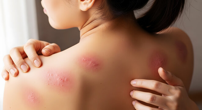 Close-up of a Woman's Back with Red Skin Irritation and Rash stock photo