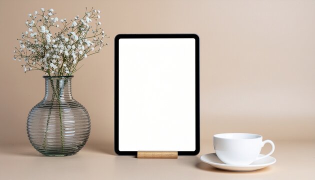 Elegant Tablet Mockup with Gypsophila and Coffee Cup on Beige Background - Powered by Adobe