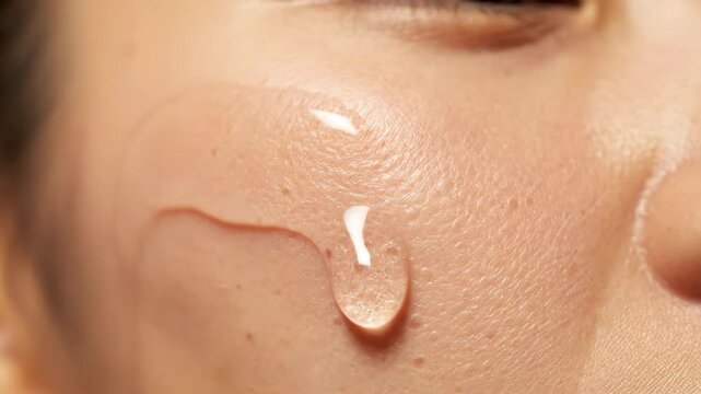 Clear liquid drops gently run down a person's healthy, hydrated facial skin