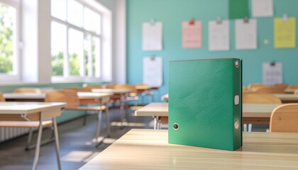 Green Binder on Desk in Empty Classroom with Natural Light and Teal Walls