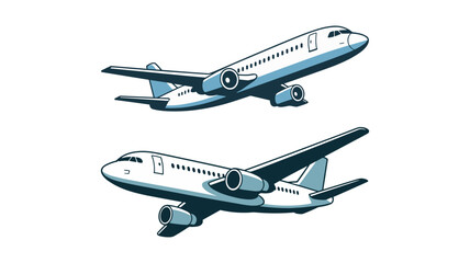 Two blue and grey airplanes in flight against white background