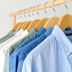 Vibrant shirts on wooden hangers arranged on rack