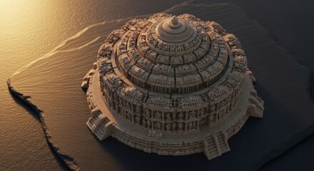 Ancient Circular Temple Model on Deserted Landscape with Warm Sunset Lighting