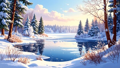 Winter landscape by a frozen lake