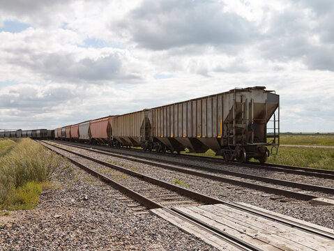 Freight train with hopper cars on rural railway tracks