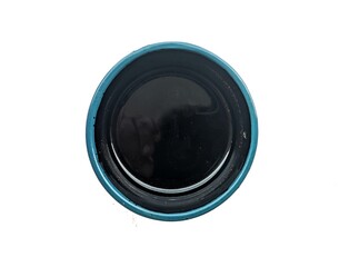 Top-down view of an empty round blue and black container or cup on a white background.