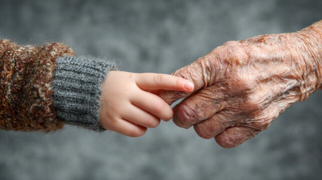 A child’s small hand gently holding an elderly person’s wrinkled hand. Love, care, and generational connection. Concept of old vs Young