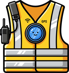 Safety Vest with GPS and Walkie Talkie Cartoon Illustration.