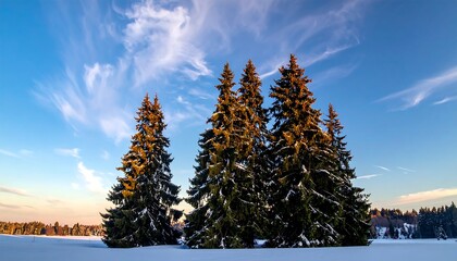 Winter landscape with snow-covered pines and a vibrant sky