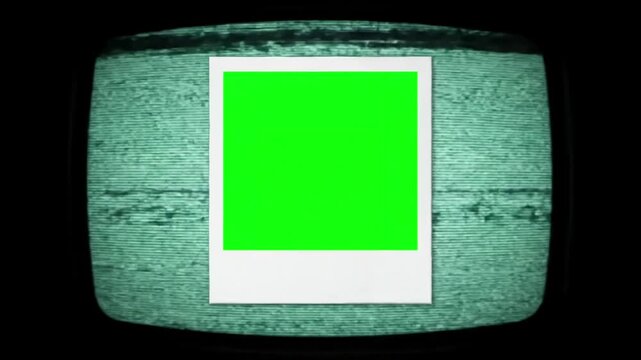 Keyable Graphic Element with the retro vintage green frame of an old white instant photo over a bad tv vhs texture background scanlines distortion, screen overlay, glitch, static noise, scan lines on