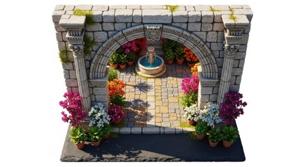 Decorative Stone Archway with Colorful Flower Pots and Fountain in Courtyard