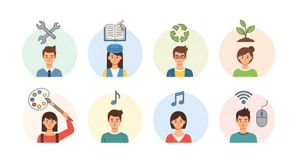 Fototapeta premium Diverse Avatars Representing Professions, Hobbies, and Interests - Career Choice, Education, and Skill Set Concept