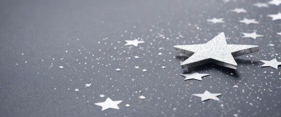 Glittering silver stars scattered across a dark textured surface some small some large