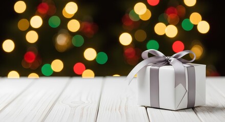Festive Gift Box Illuminated by Twinkling Bokeh Lights on a Rustic Wooden Surface Perfect for Holiday Celebrations