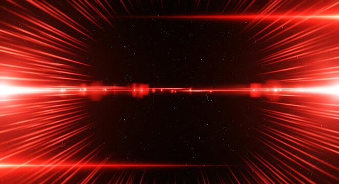 Red light streaks radiating from the center on a black background with lens flare effect and dust particles