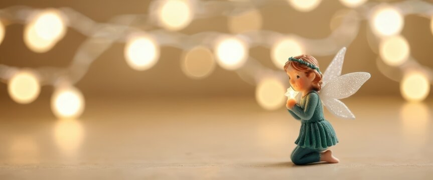 Tiny fairy figurine with glitter wings holds a glowing star against a bokeh background of fairy lights - Powered by Adobe