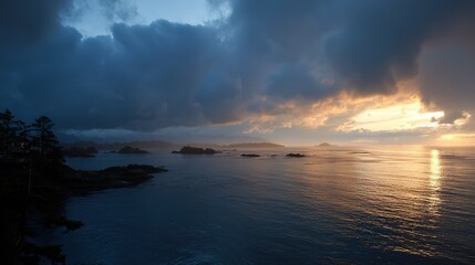 Fototapeta premium Panoramic Seaside Sunset with Clouds and Islands, Showing Tranquility and Light of Ocean Landscape