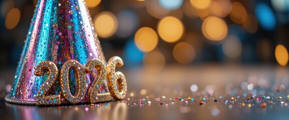 Festive party hat with 2026 numbers and scattered confetti against bokeh lights