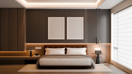 Modern Minimalist Bedroom Interior with Frame Poster Mockup - 3d Render
