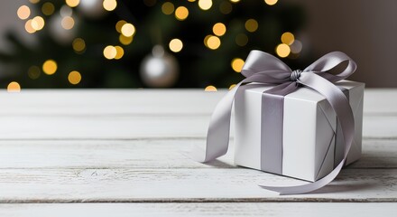 Beautifully Wrapped Present with a Silky Ribbon and Festive Holiday Tree Lights in the Background