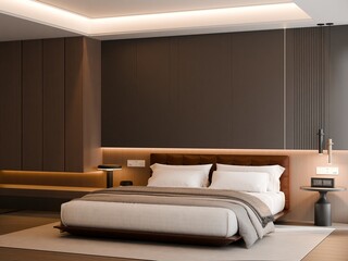 Modern Minimalist Bedroom Interior with Frame Poster Mockup - 3d Render
