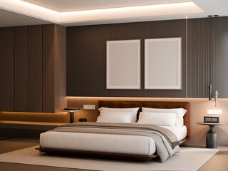 Modern Minimalist Bedroom Interior with Frame Poster Mockup - 3d Render
