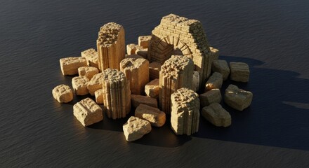 Ancient Ruins Made of Weathered Brick and Stone on Dark Surface