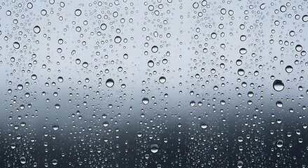 A close up shot of many water droplets on a window with a blurred background in shades of gray
