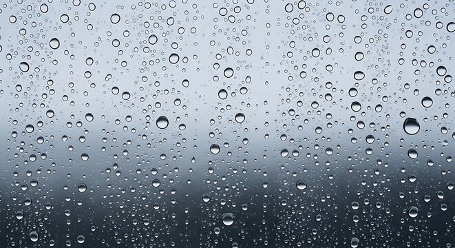 A close up shot of many water droplets on a window with a blurred background in shades of gray