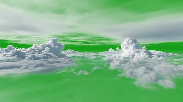 Seamless Cloud Fly-Through Background with fly into the green screen effect of flying multi layered clouds distortion, overlay, glitch, static noise, scan lines on black background, 4k animated video