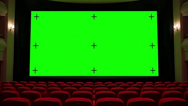 Green Screen beautiful wide in cinema hall moving through over the seats 3d animation with lights and tracking points art technology concept 4k ultra hd 3840x2160 scene 3 distortion, overlay, glitch