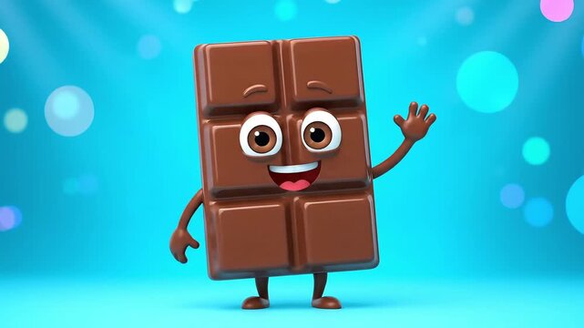Cute 3D Animated Chocolate Bar Character Waving, Smiling, and Winking on a Bright Background