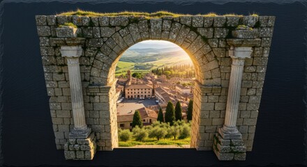 Ancient Stone Archway Overlooking Scenic Village at Sunset