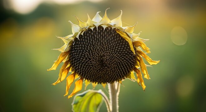 A close up of a sunflower with a dark center and wilting yellow petals against a blurred green background