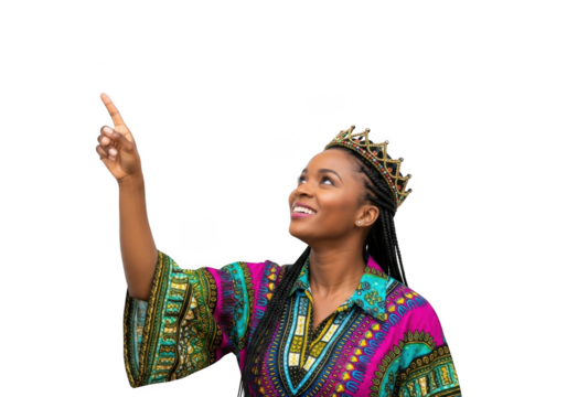 Woman in crown and colorful dashiki isolated on transparent background