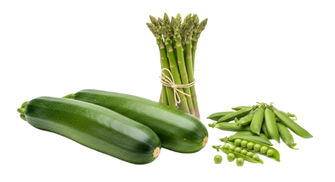 A still life of fresh green vegetables including zucchini asparagus and peas on a black background